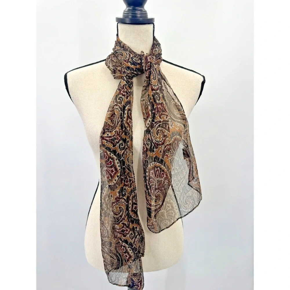 Cejon Brown Gold Silk Paisley Scarf Wrap Boho Earthy Lightweight Sheer Shawl